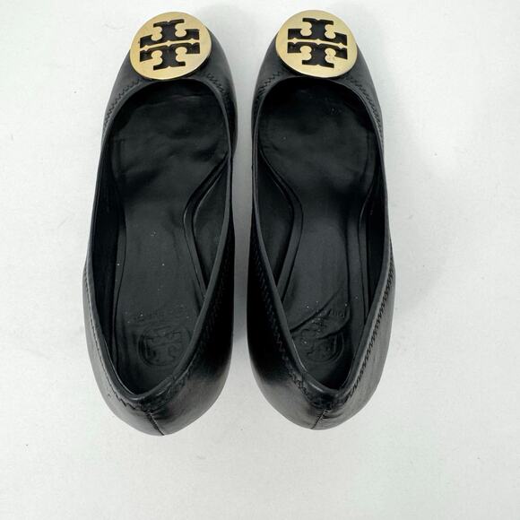 Tory Burch Sally Leather Wedge Pumps Shoes Black Metal Double T Logo 9.5M - Picture 11 of 15